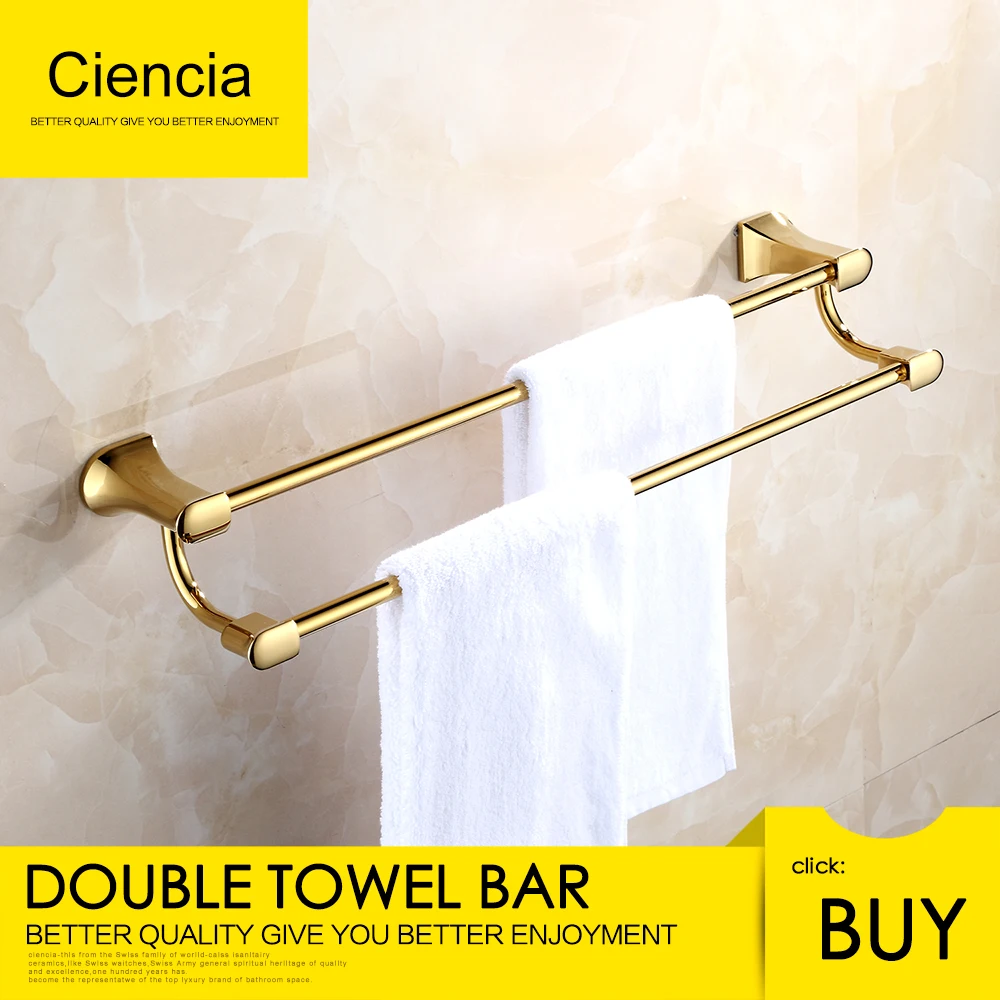 

Ciencia Brass Golden Bath Towel Bar Rack Hanging Towel Bathroom Shower Organization Double Towel bar