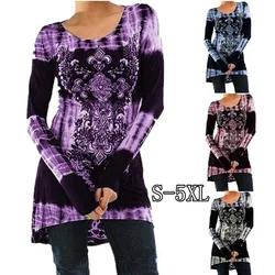 Women's Fashion Long Sleeve Round neck Printing Blouse Slim High Waist Tie Dye Tops Black, blue, purple S-XXXXXL