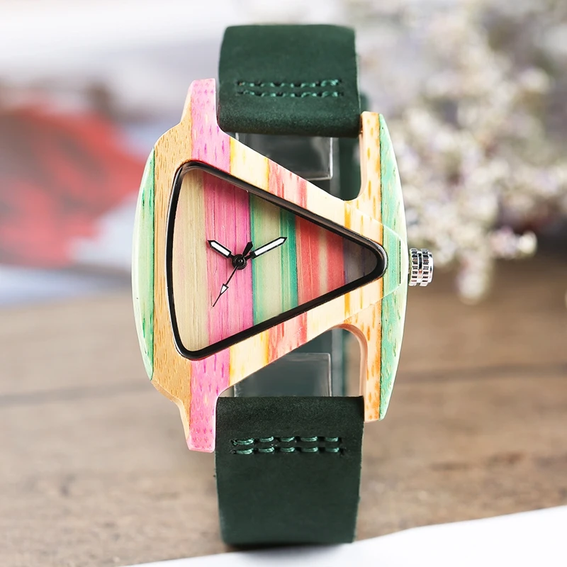 Unique Colorful Wood Watch Creative Triangle Shape Dial Hour Clock Women Quartz Leather Bracelet Watch Women\'s Wrist Reloj Mujer