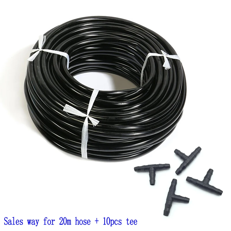 20 meters 4/7 mm Hose + 10 Pcs Tee Connector Garden Irrigation System Accessories Wear Black 1/4 