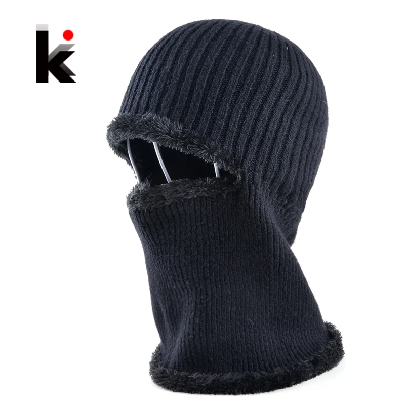 

Mens winter face mask hat skullies and beanies knitted wool stocking hat plus velvet cap thicker bonnet hats for men mask