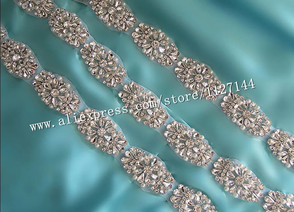 (10 YARDS)Wholesale bridal iron on hand beaded silver crystal rhinestone pearl applique trim for wedding dress sash belt WDD0686