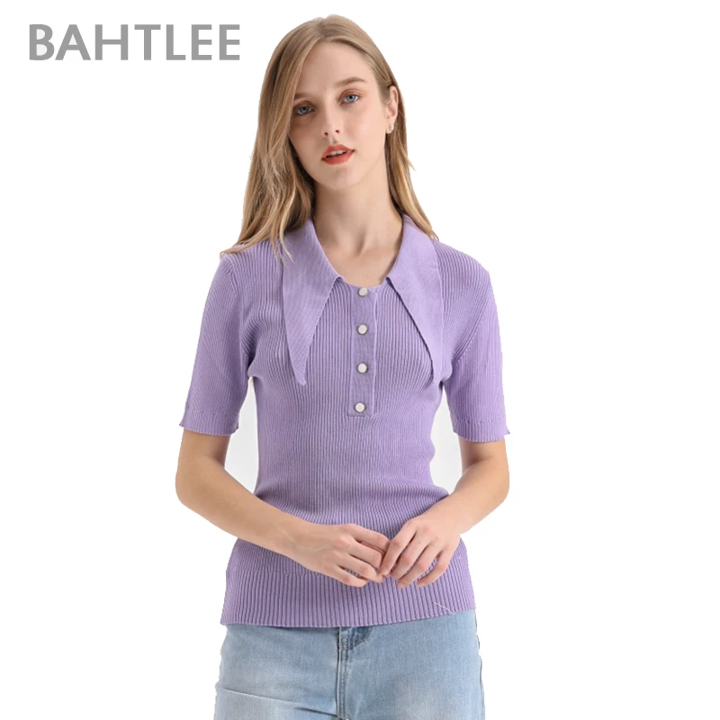 BAHTLEE-Lyocell Knitted Lapel Sweaters for Women, Half Sleeves, Turn-down Collar, Suit Pullovers, T-shirt Jumper, Summer