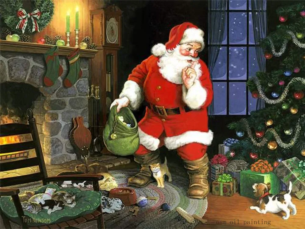 Hand-painted Christmas Oil Painting Drawing Santa Claus Send Gifts Kids Canvas Pictures New Year Christmas Decorative Oil Canvas