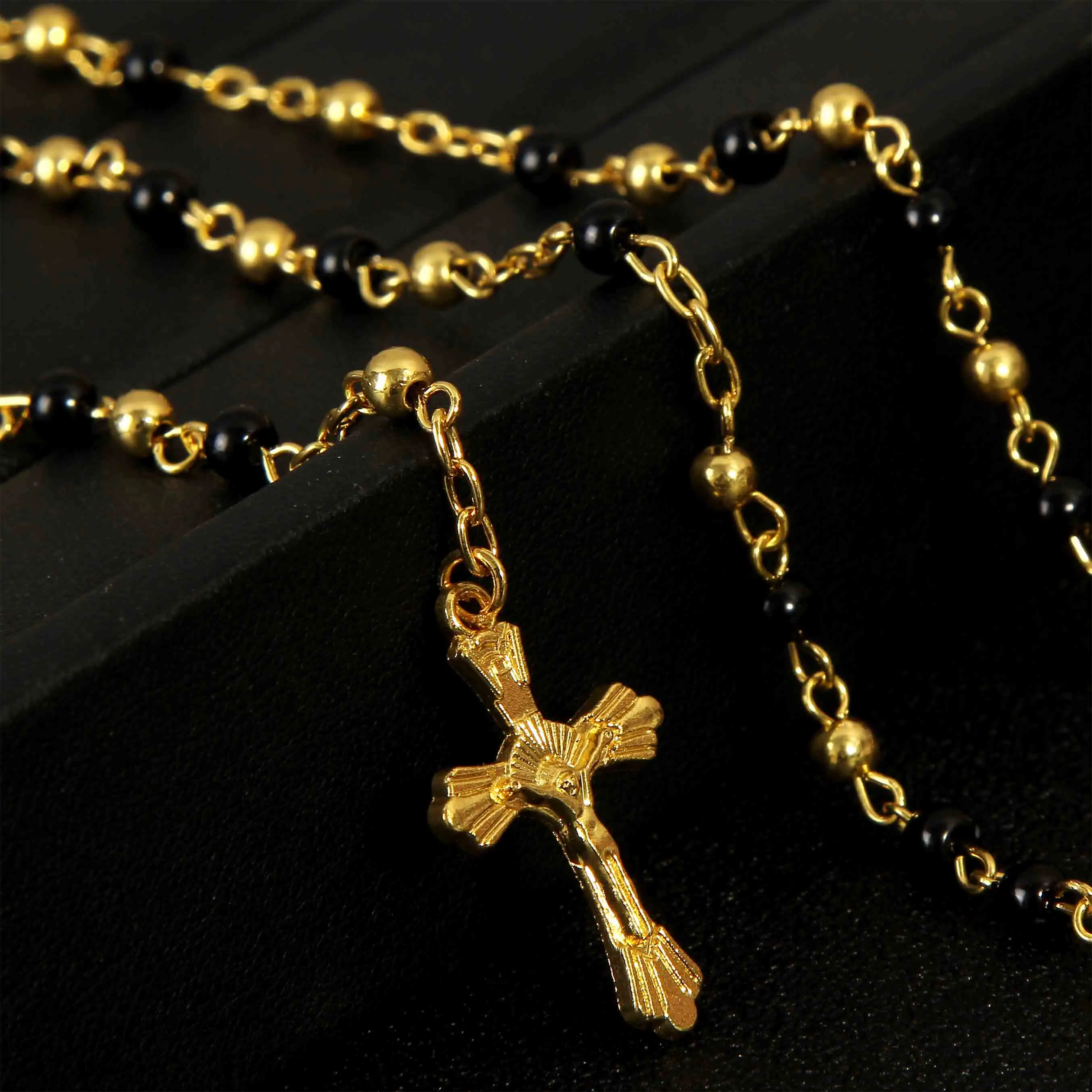 4mm Rosary Stainless Steel Beaded Cross Pendant Chain and Stainless Steel Rosary Jesus Cross Necklace and Pendant Religion
