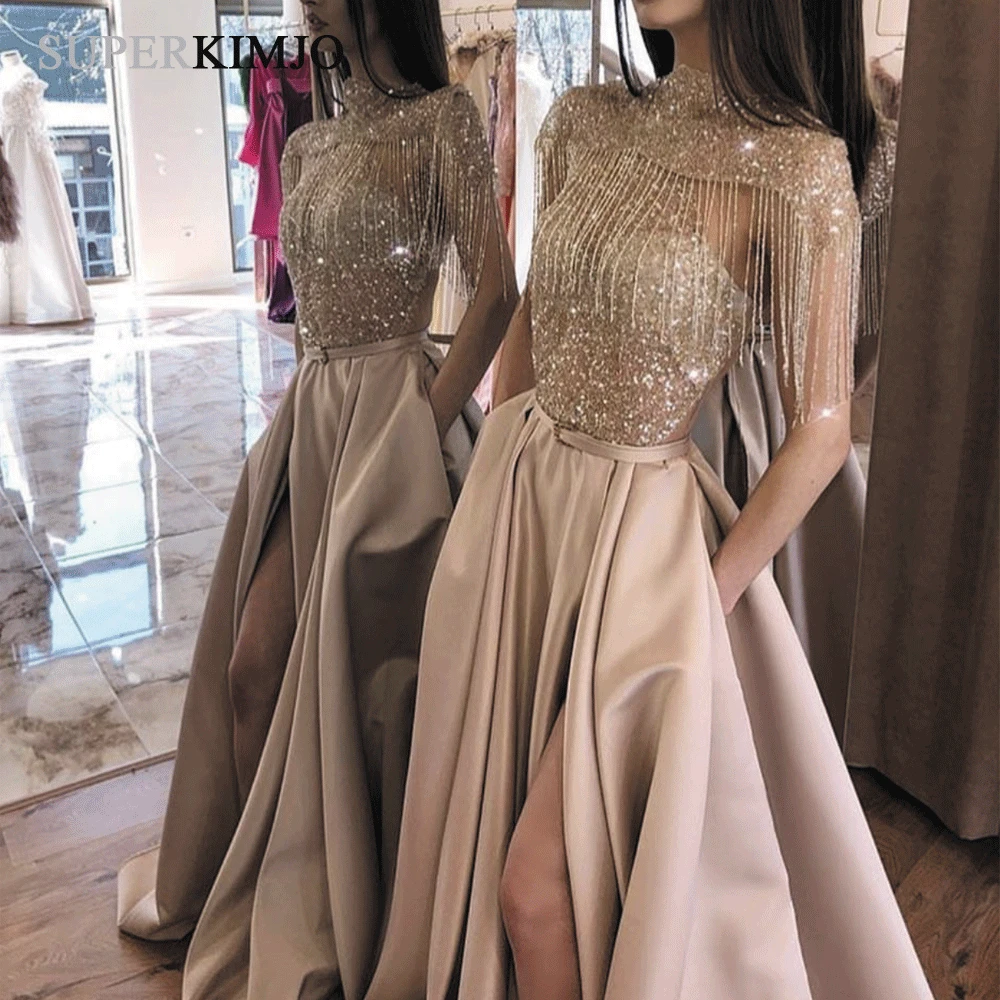 SuperKimJo Robes De Soiree Tassel Sparkly Prom Dresses 2022 Gold A Line Cheap Prom Gown 2023 Vestido De Festa Luxo