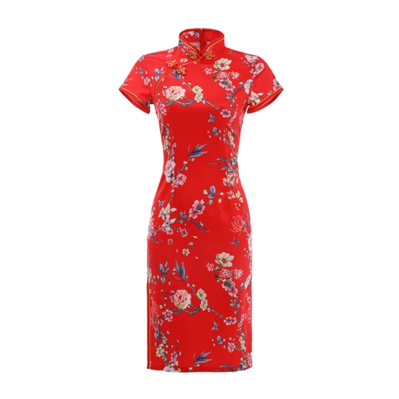 New Summer Silk Satin Cheongsam Chinese Traditional Dress Vestido Short Sleeve Female High Neck Qipao Unique Party Evening Dress