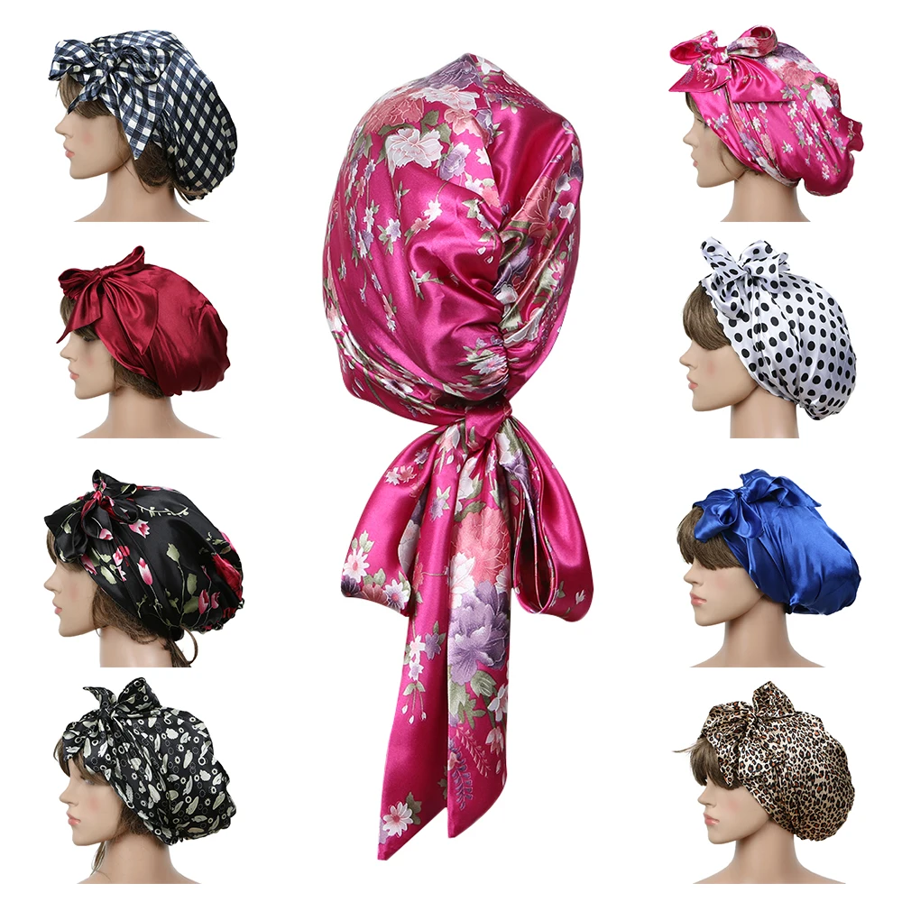 Women Fashion Sleeping Bonnet Cap Soft Pure Silk Sleep Hats Hair Care Wrap Female Night Cap 10 kinds of color