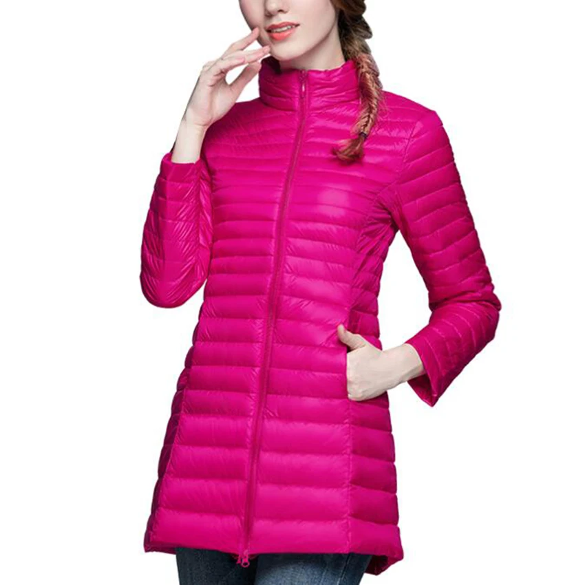 Jesień Zima Ultra Lekkie Białe Parki z Puchu Kaczym Kobiety Ciepła Kurtka Puchowa Kobieta Slim Satnd Kołnierz Midi Długi Puffer Płaszcz Odzież wierzchnia