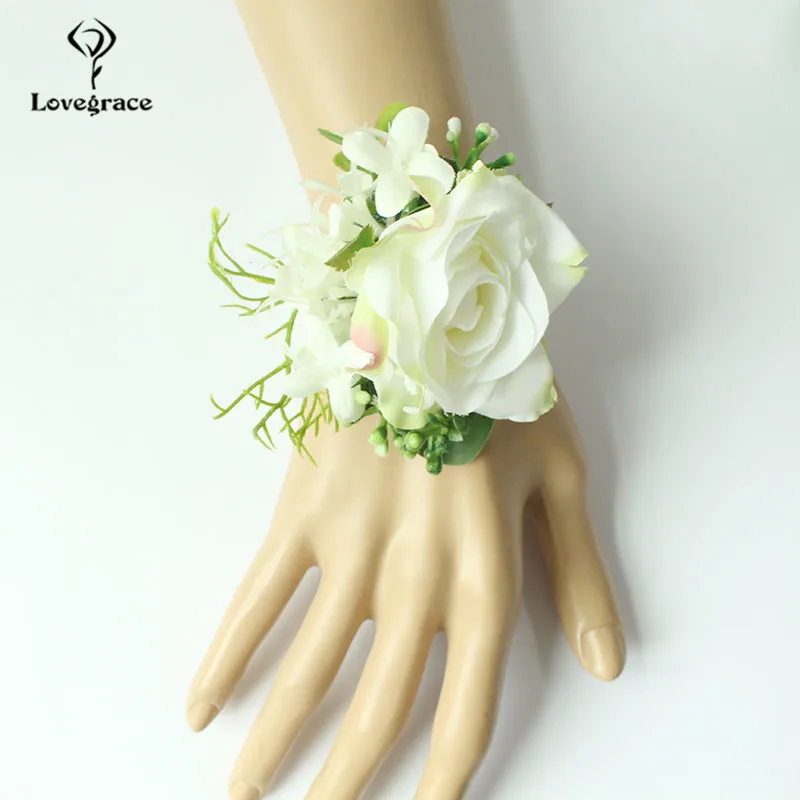 Hochzeit Zubehör Corsagen Weiß Rosen Bräutigam Boutonnieres Blumen Groomsmen Knopfloch Ehe Pin Gäste Seide Handgelenk Korsagen