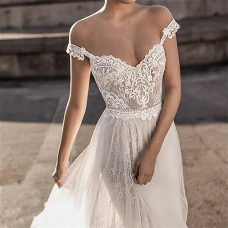 Vestido de novia largo bohemio, prenda Sexy de encaje con escote en V, Espalda descubierta, color blanco, envío gratis