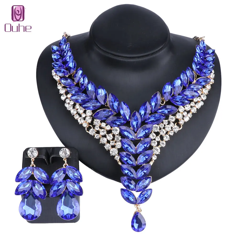 Women\'s Wedding Bridal Bridesmaid Rhinestone Crystal Statement Necklace Earrings Party Costume Jewelry Set