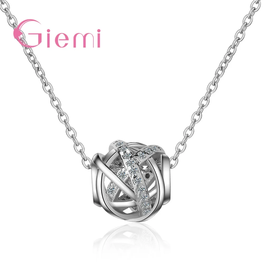 925 Sterling Silver  Austrian Crystal Hollow Ball Cage Necklace Transfer Beads Pendant Simple Clavicle Necklaces For Lucky Gift