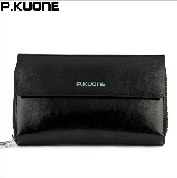 P.KUONE-cartera de mano de cuero de vaca para hombre, cartera larga de cuero genuino con cera de aceite brillante de lujo, monedero Masculino