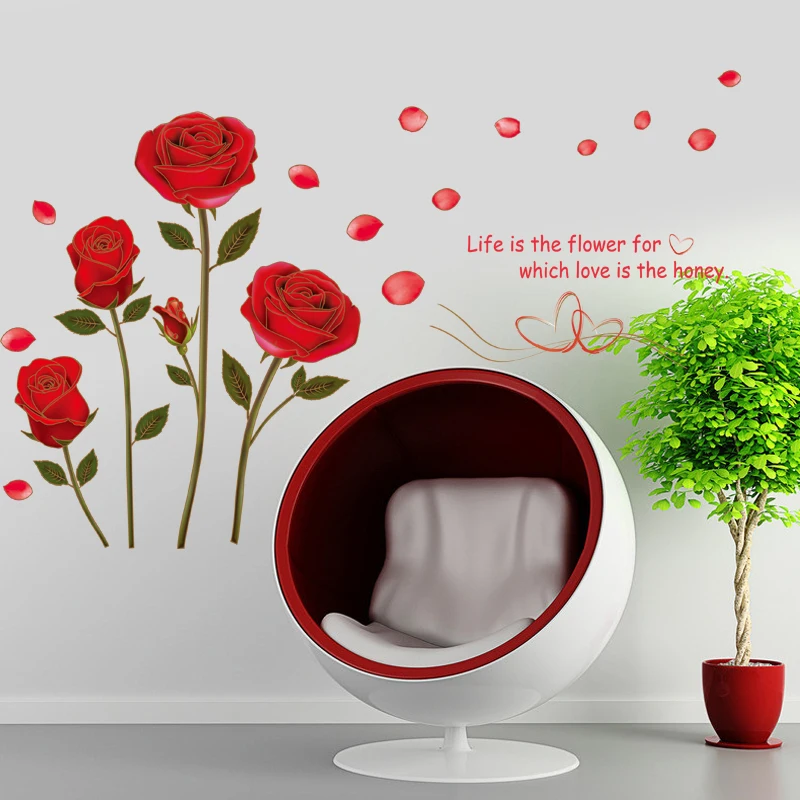 Romantic Hot Sale  Removable Red Rose love Life Is The Flower Quote Wall Sticker Mural For DIY Decal Home Room Art Decoration