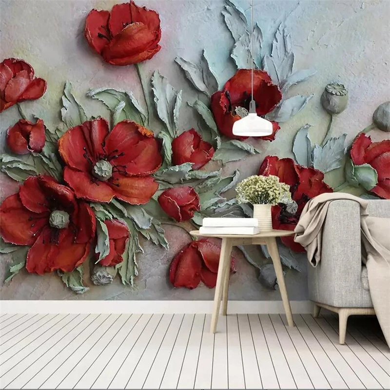 

wellyu 3D three-dimensional relief red beauty flower background wall custom large mural green wallpaper papel de parede 3d