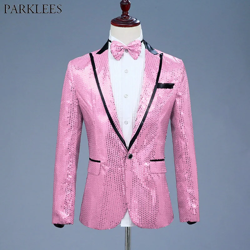 Pink Sequin One Button Dress Blazers 2018 Brand New Nightclub Prom Men Suit Jacket Wedding Stage Singer Costume (Bowtie Include)