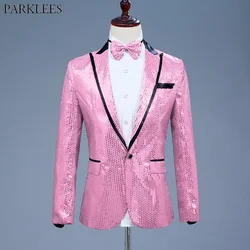 Blazers habnommée à un bouton pour hommes, paillettes roses, veste trempée, costume de chanteur de scène de mariage, boîte de nuit, Rh, nœud papillon inclus, tout neuf, 2018