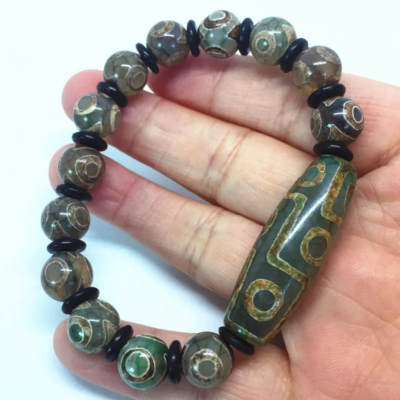 Green Natural Agate 9 eyes Pattern Tibetan Dzi Beads elastic Bracelet with Coconut Shell for women free shipping