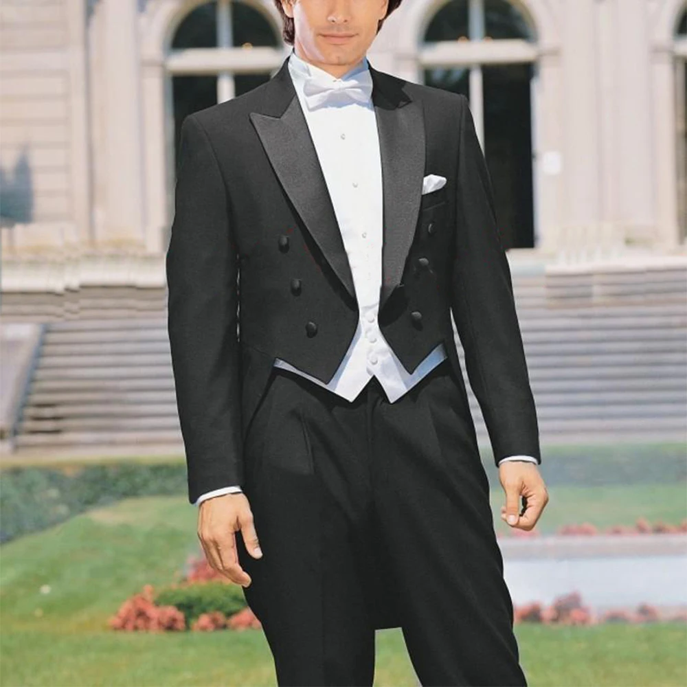 Custom Made to Measure TAILCOAT,BESPOKE BLACK Groom Tuxedos SATIN PEAK Lapel, WHITE VEST, Tailored men's LONG TAIL TUXEDOS