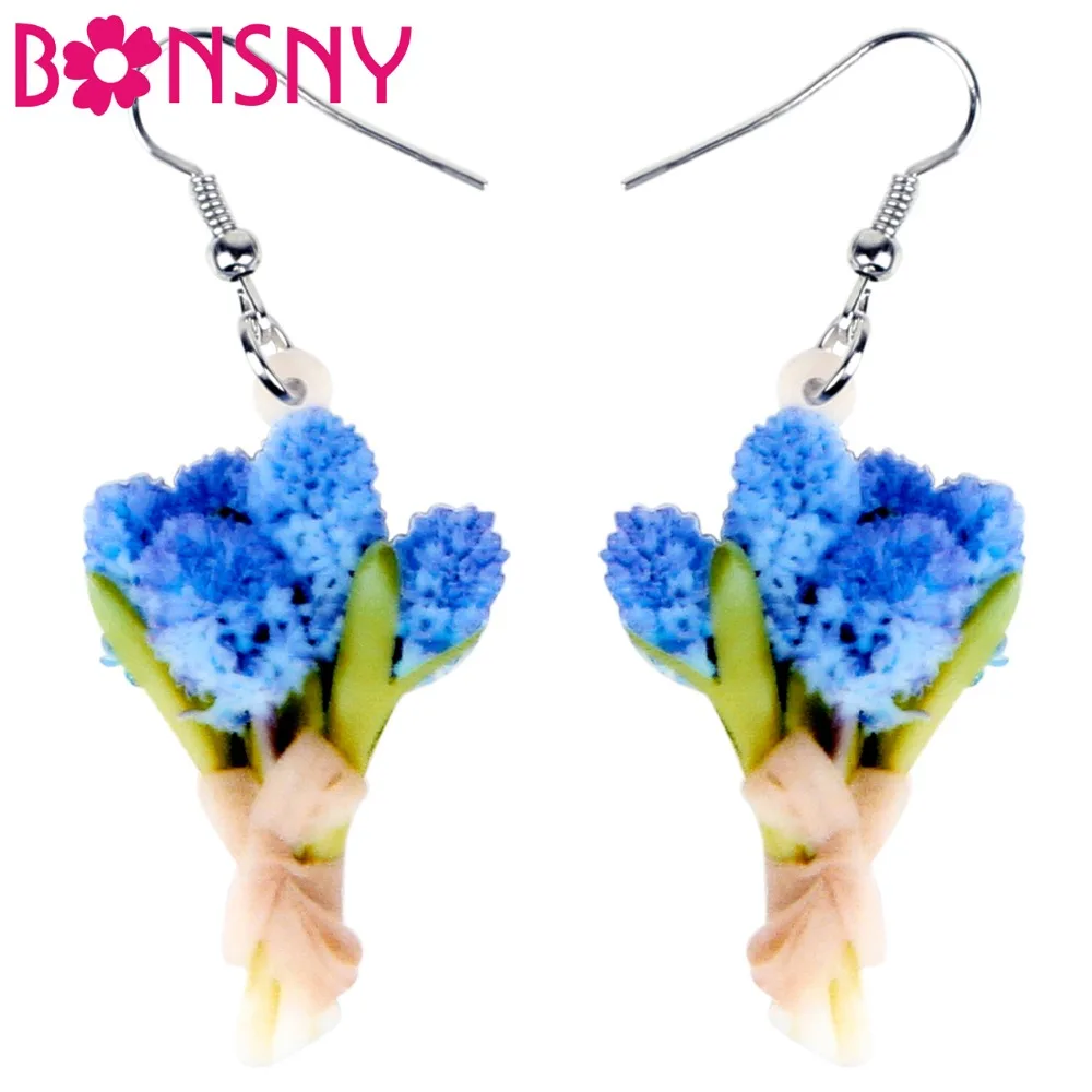 Bonsny Statement Acrylic Hyacinth Flower Posy Bouquet Earrings Drop Dangle Wedding Gift Plant Jewelry For Women Girl Cute Charms