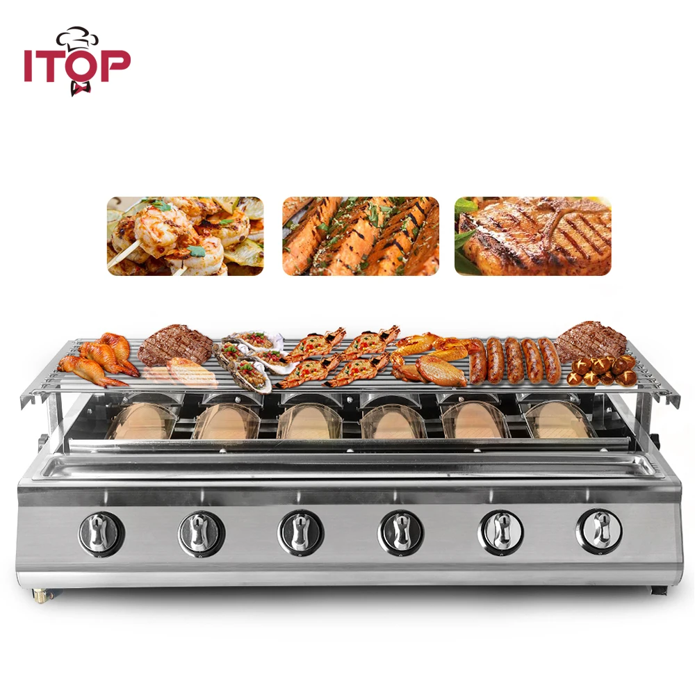 ITOP 6 Burners BBQ Grill LPG Gas Grill Smokeless Glass Shield Stainless Steel For Outdoor Picnic Barbecue Adjustable Height