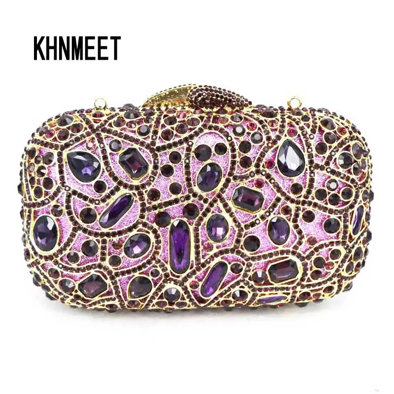 

KHNMEET Fashion Luxury Diamond Evening Bag Purple Crystal Clutch Bag Women Wedding Party Purse Female pochette banquet bag sc125