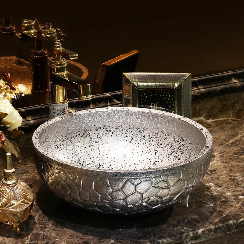 

Silver/Golden Art Bathroom Vessel Sinks Round counter top wash basin art ceramic wash basin bowl