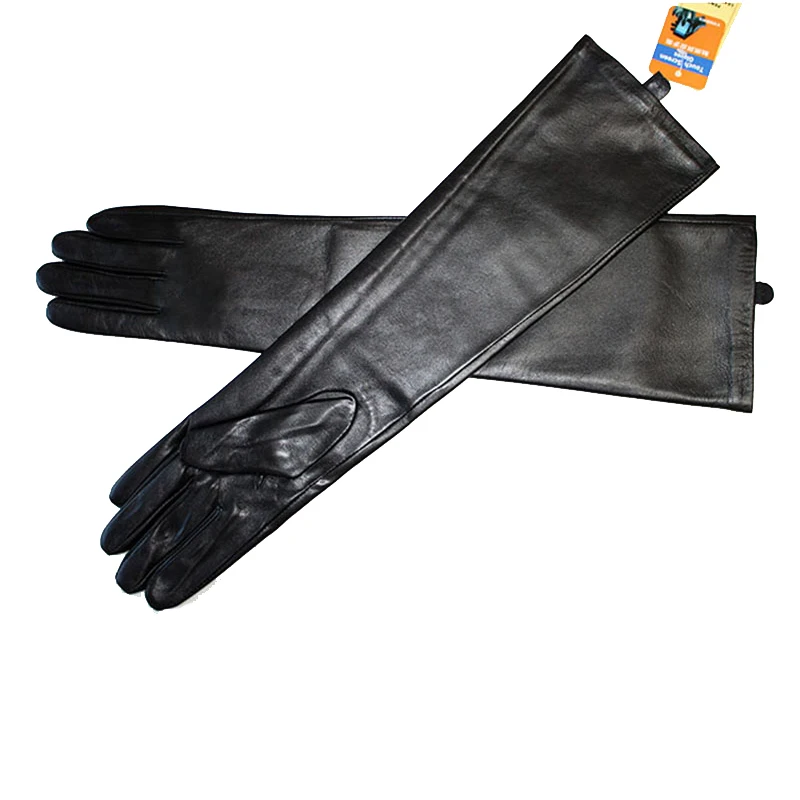 Super Long Sheepskin Gloves Women Leather Touch Screen Elbow Length Thin Silk Spring and Autumn Thick Velvet Lining Arm Sets