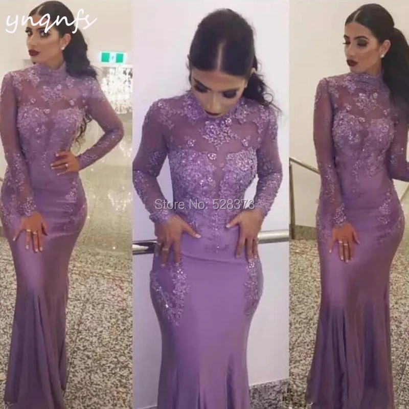 High Neck Long Sleeve Sexy Mermaid Robe Vestido Formal Dress Women Elegant Spandex Jersey Lilac Bridesmaid Dresses YNQNFS ED243