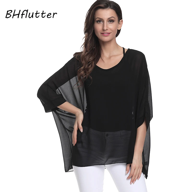 BHflutter Plus Size 2018 Women Tops Tees Batwing Sleeve Casual Loose Chiffon Blouse Shirt O neck Solid Summer Blouses Blusas