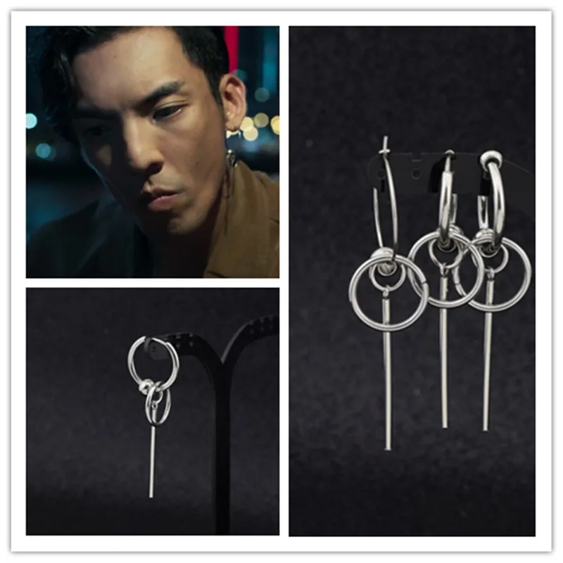 Original design trendy men\'s earrings stainless steel earrings earrings long beaded fine earrings without pierced spring clips