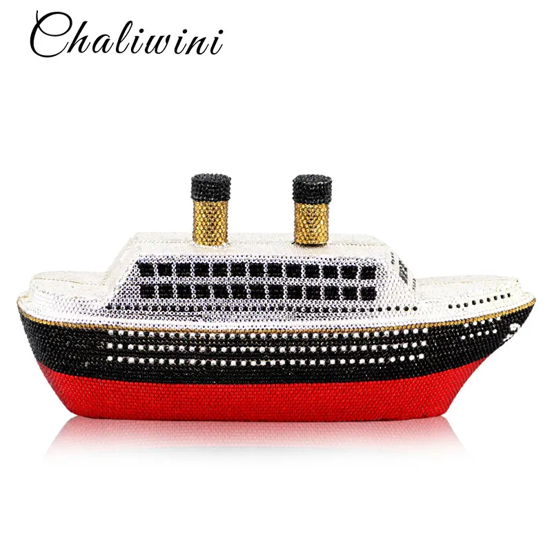 

Women's Fashion 3D Ship Steamer Crystal Clutch Evening Bag Lady Metal Clutches Minaudiere Wedding Handbag Travel Toiletry Purse