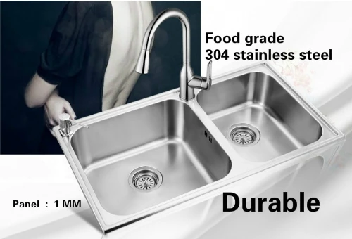 Free shipping  Big hot sell standard kitchen sink 1 mm double groove food grade 304 stainless steel 800x450 MM