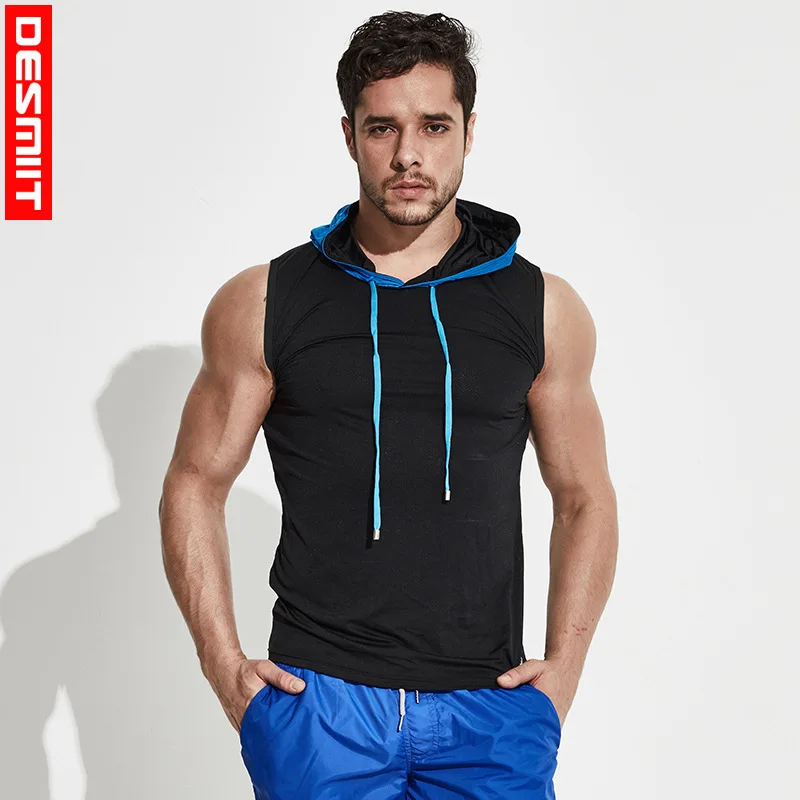 Desmiit men hoodie gym sport vest quick dry running tank top man hooded cycling singlets sleeveless tanktop sweatshirt