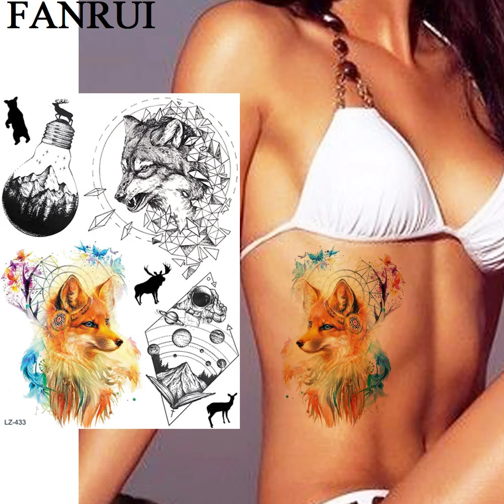 

FANRUI Tribal Feather Fox Temporary Tattoos for women men Sticker Wolf Round Tattoo Fake Tatoos Planets Art Dream Catcher