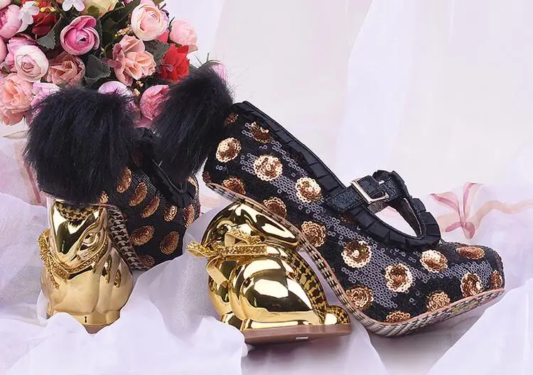 novelty women shoes gold rabbit strange style high heels pumps shoes bling bling fashion party shoes shallow ruffles pumps pink