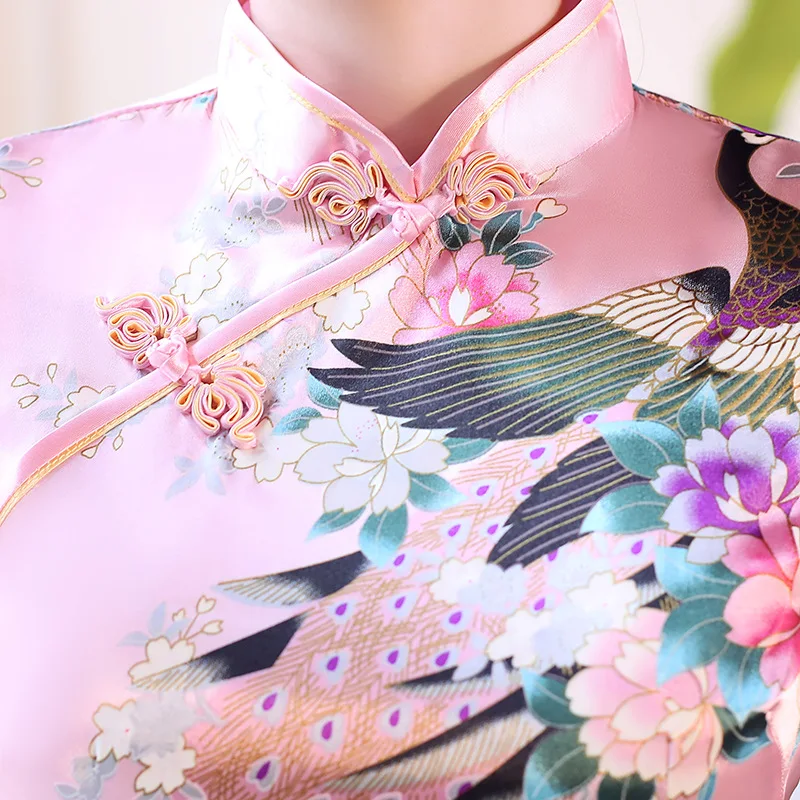 Chinese National Spring Cheongsam Long Dress Peacock Floral Vintage Silk Long Sleeve Dresses