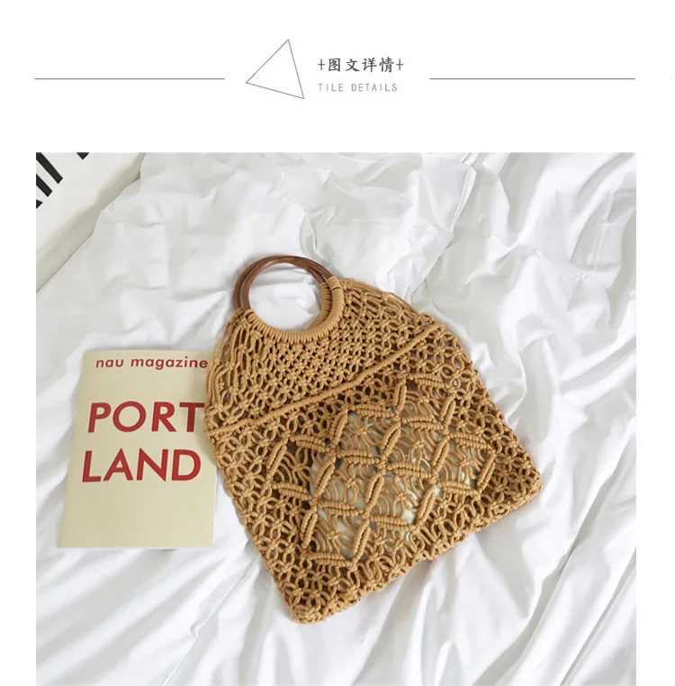 Popula Cotton Rope Hollow Straw Bag Sheer Macrame Tote wooden ring rattan handle Net Bag Vintage Retro Chic handbag