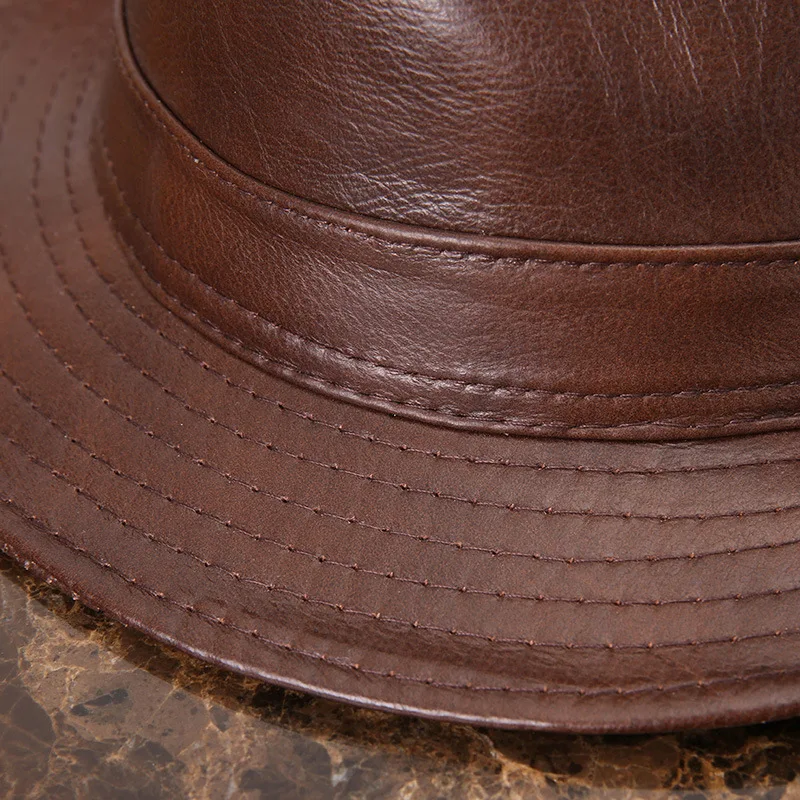 Male 100% Genuine Leather Jazz Hat Adult Fedoras Hat Male Sheepskin Fedoras Cap Men\'s Wide Brim Leather Cowboy Hat B-7284