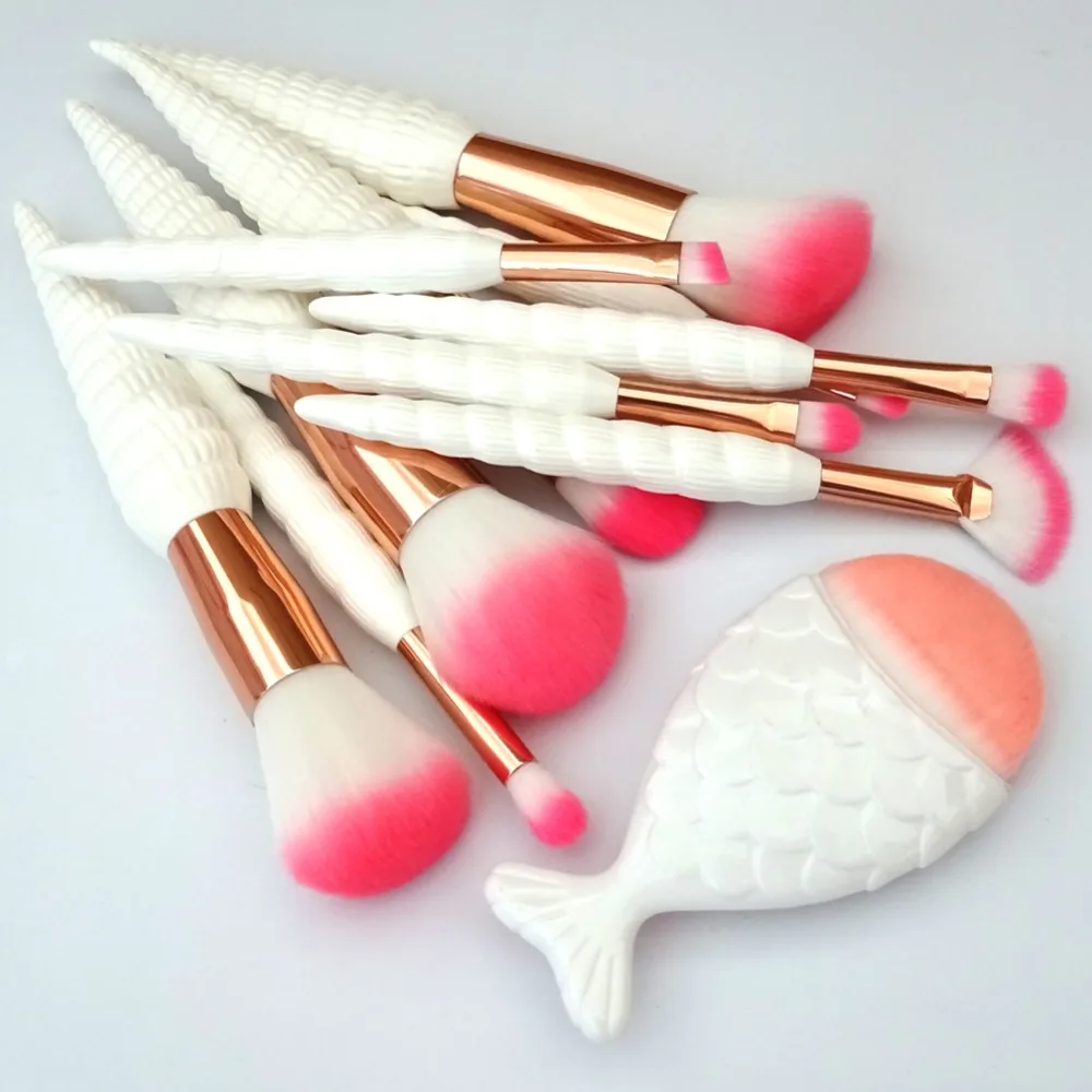 11Pcs Unicorn Conch Shell  Makeup Brushes Set Mermaid Foundation Powder Cosmetics Eyeshadow Face Kabuki Make Up Brush Tools Kit