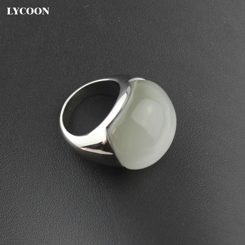 LYCOON Fashion high quality woman opals jewelry ring 316L stainless steel with white cat\'s eyes stone in ball shape big rings