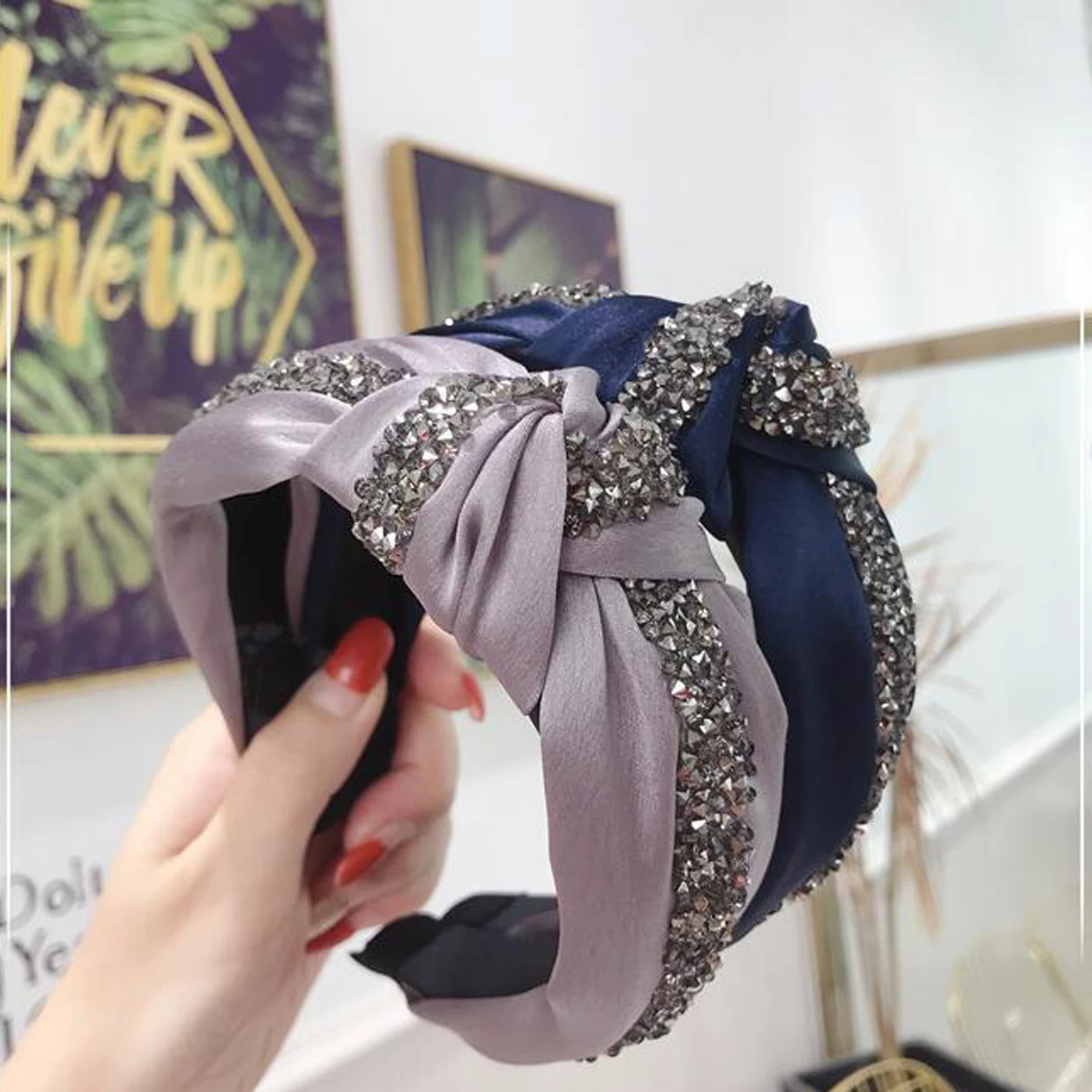 New Fashion Rhinestone Hairband Women Solid Wide Side Headband Middle Knot Turban Girls Autumn Winter Hair Accessories Headwear