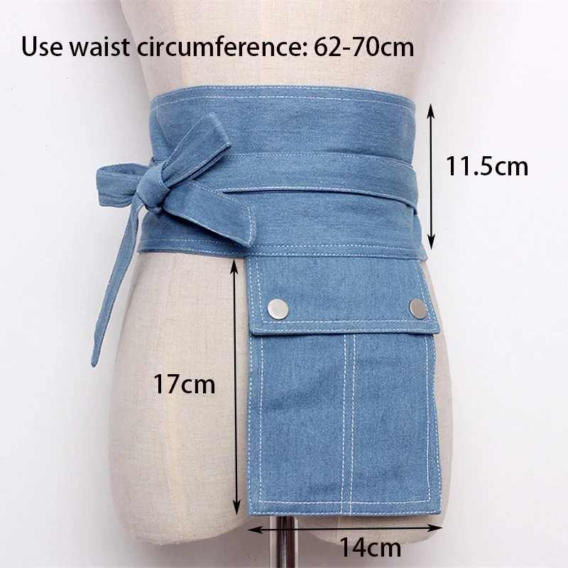 Women\'s Belt Denim Pocket Waist Belt For Women Casual Wide Corset Cummerbund Decorative Solid Color Ladies Belts