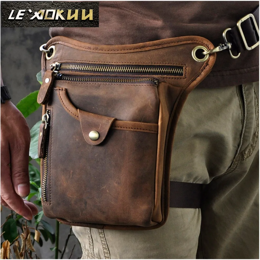 

Genuine Real Leather Men Design Casual Messenger Crossbody Sling Bag Fashion Waist Belt Pack Leg Drop Bag Phone Pouch 211-5