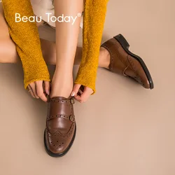 BeauToday Monk Shoes Women Calfskin Genuine Leather Buckle Strap Brogue Style Round Toe Casual Ladies Flats Handmade A21408
