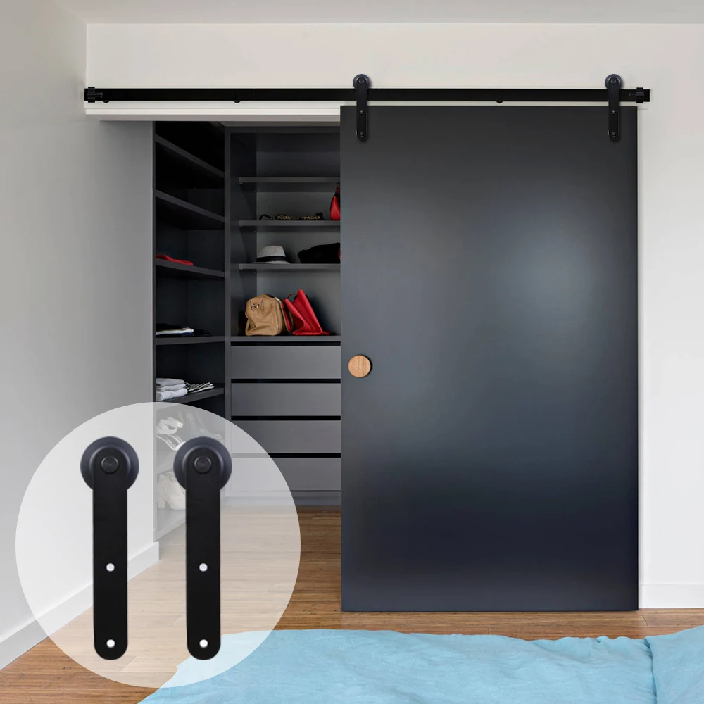 LWZH European Style Wood Sliding Barn Door Hardware Carton Steel Roller Black Round Shape Hanger for Single Door