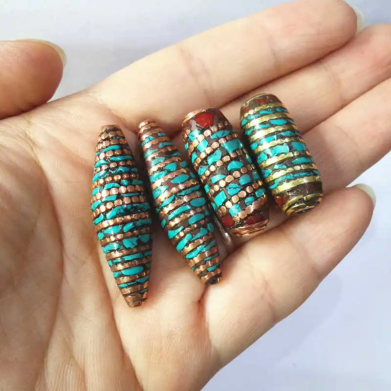 Nepal Hand Metal Beads Copper Silk Filled With Turquoise Big Shuttle Loose Beads for DIY NBB207