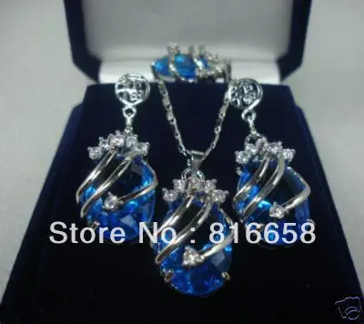 

Stunning blue crystal Jewelry necklace ring earring Set