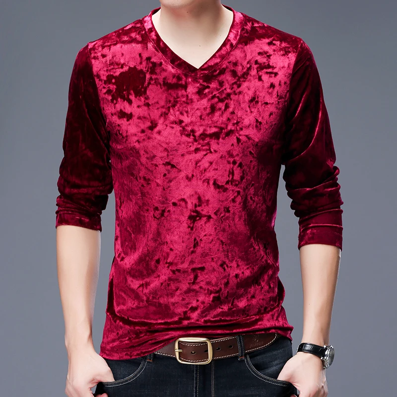 Velvet Luxury V-Neck T Shirt For Men Long Sleeved Fashion Casual Spring Quality Smooth Comfortable Easy Care Camisetas De Hombre